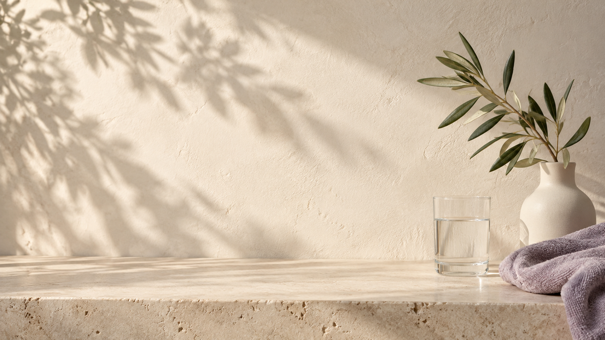 A warm ivory stone shelf with soft daylight, an olive branch, water glass and muted lavender towel.