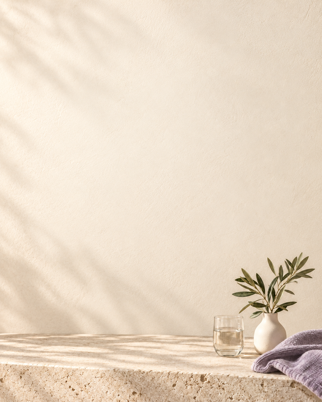Warm ivory editorial mobile background with olive leaves, water glass and lavender towel arranged beneath the headline area.