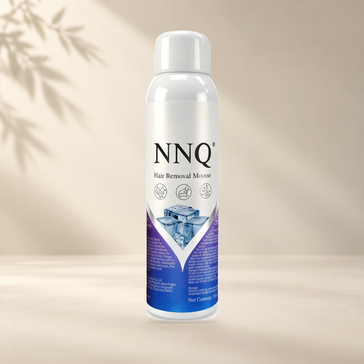 NNQ Hair Removal Mousse 150 mL can with original cap in a warm ivory setting