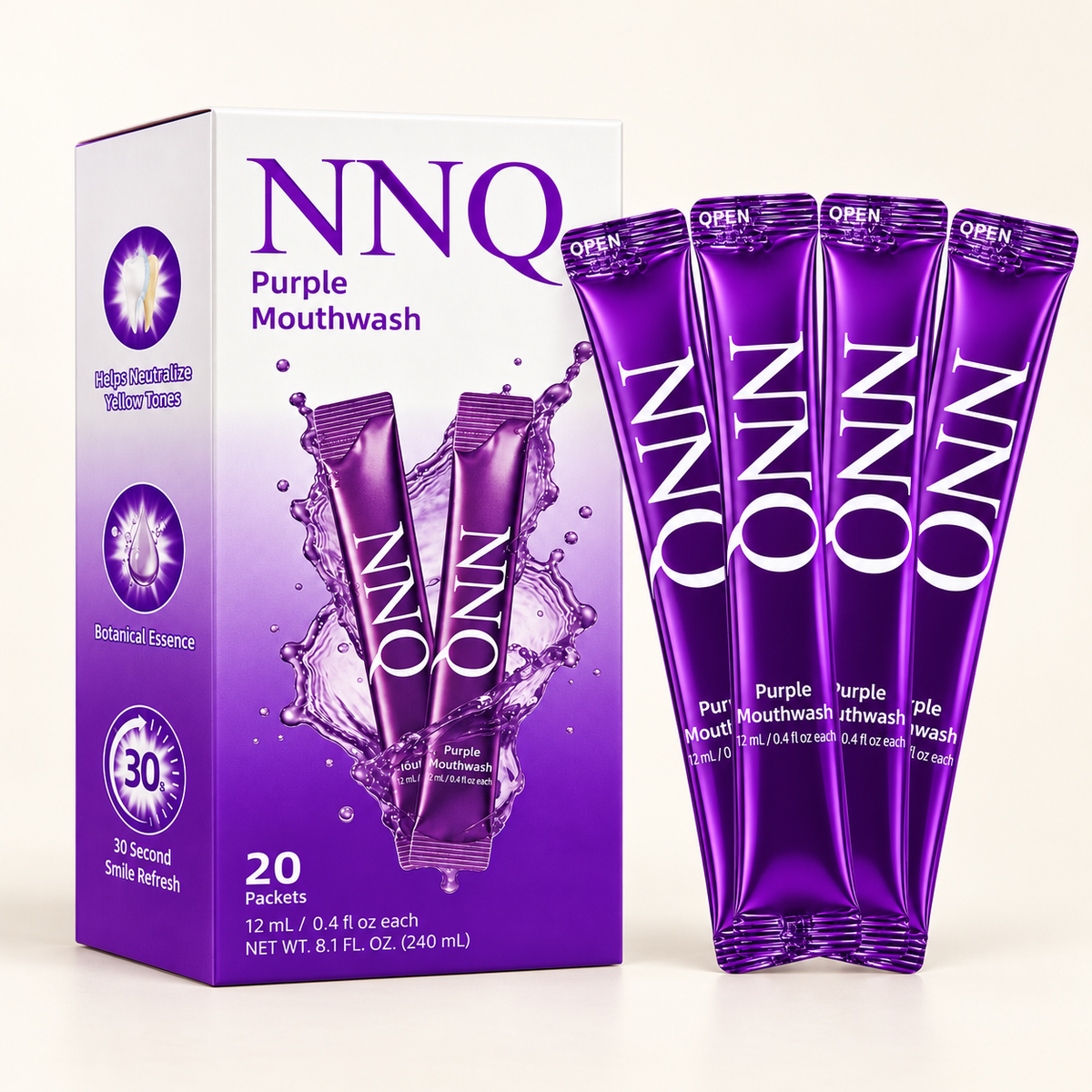 NNQ purple mouthwash retail box with four sample sachets on a warm ivory background. Each complete box contains twenty 12 mL packets.